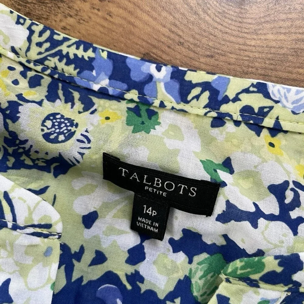 Talbots Womens Midi Dress Sz 14P 14 Petite Blue Butterfly Floral Belted Cotton
